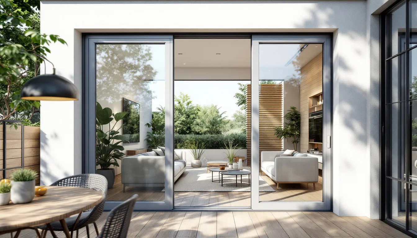 Die energieeffiziente Kunststoff-Terrassentür mit dreifacher Verglasung ist in einem modernen Neubau integriert und bietet eine hervorragende Wärme- und Schallschutzfunktion. Diese Balkontür aus Kunststoff vereint moderne Ästhetik mit hoher Funktionalität und sorgt für einen optimalen Zugang zur Terrasse.