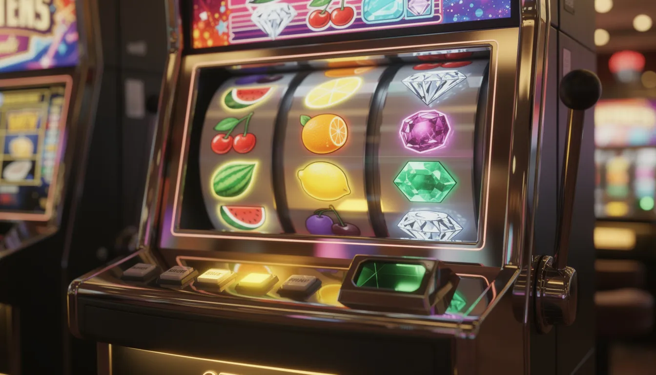 En färgglad spelautomat från ett online casino med snurrande hjul som visar olika fruktsymboler och ädelstenar. Denna slotmaskin erbjuder en spännande spelupplevelse med möjligheter till bonusar och free spins.