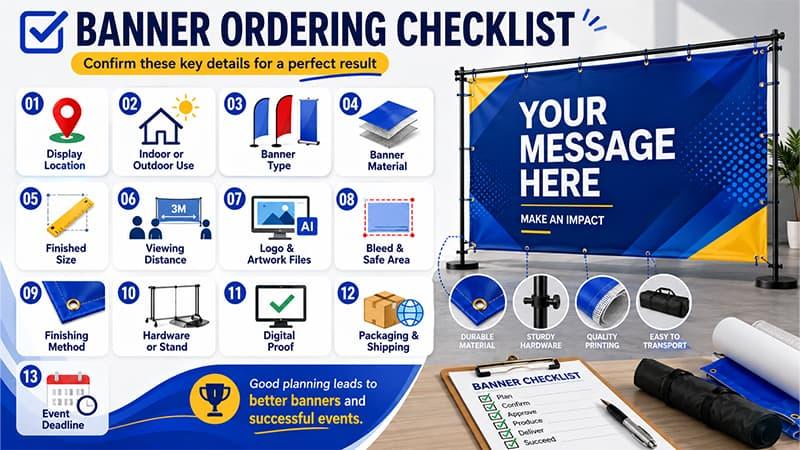 Banner ordering checklist covering display location, banner type, material, size, artwork files, hardware, proofing, packaging, and event deadline.