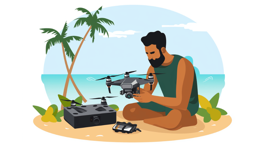 Aerial view of a person packing a drone for a trip to Hawaii