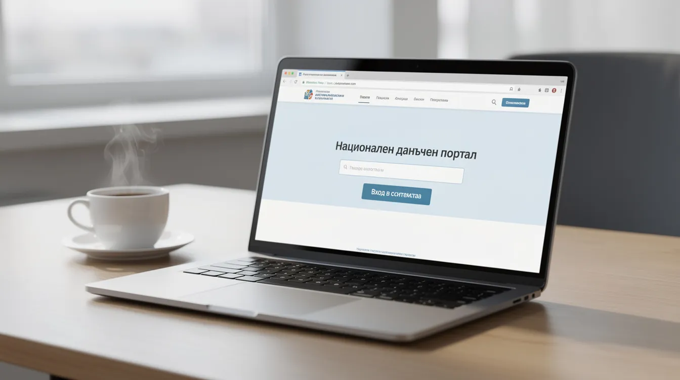 На изображението се вижда лаптоп с отворен екран, показващ данъчен портал, разположен на бюро до чаша кафе. Лаптопът е инструмент за работа с данъчна информация, свързана с данък върху добавената стойност и задължения на данъчно задължени лица.