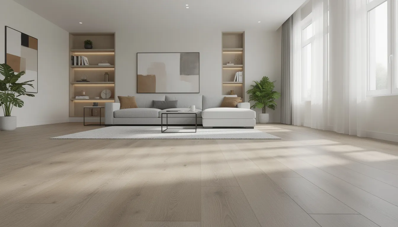 The image depicts a modern living room featuring warm, natural hardwood flooring, creating a stylish and inviting atmosphere. This hardwood flooring option enhances the beauty of the space, making it a perfect choice for homeowners looking to elevate their interior design.