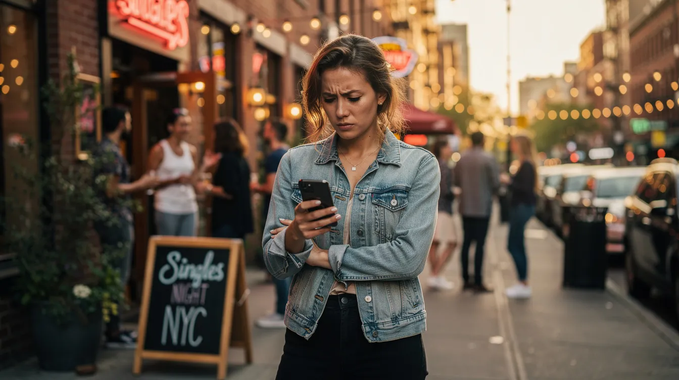 A frustrated woman stands outside at a singles event in Brooklyn, New York City, looking at her cell phone. Surrounded by the bustling NYC dating scene, she appears to be grappling with the challenges of online dating and the overwhelming choice overload that comes with the large dating pool in the big city.