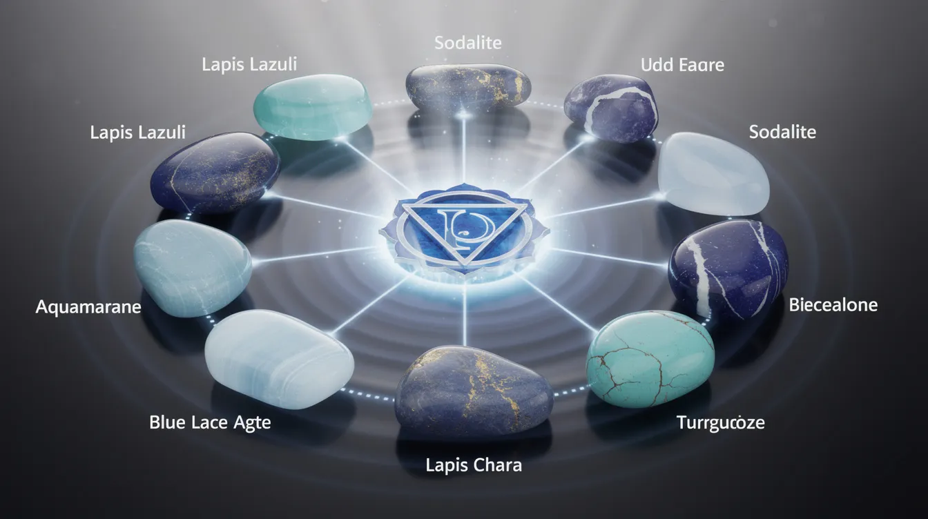 The image features a collection of throat chakra stones, including Lapis Lazuli, Aquamarine, Blue Lace Agate, Sodalite, and Turquoise, each showcasing their vibrant blue colors. These crystals are believed to stimulate the throat chakra, enhancing communication and self-expression while promoting balance within the chakra system.