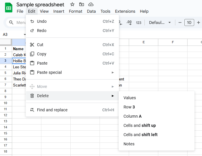 A screenshot of the Delete menu in Google Sheets.