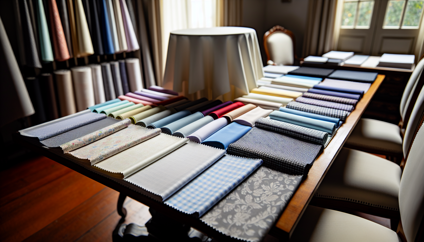 Various tablecloth samples in different colors and textures