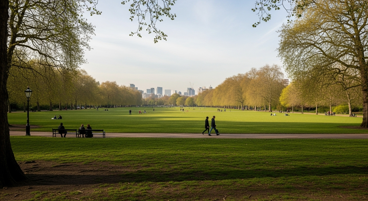 Quiet green space in a London park with open lawns and trees offering a calm break from the busy city.