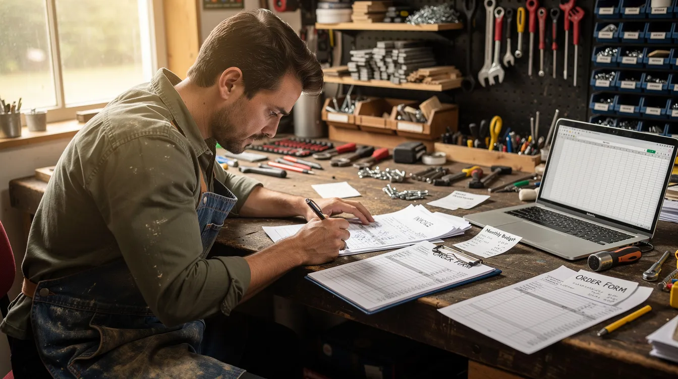 59a02511 c177 4845 a607 046ee9579136 A small business owner is seated at a workshop desk, reviewing a project report surrounded by various tools and documents. The scene reflects the diligent work involved in managing a micro enterprise, highlighting the importance of financial analysis and the Mudra loan project in supporting small businesses.
