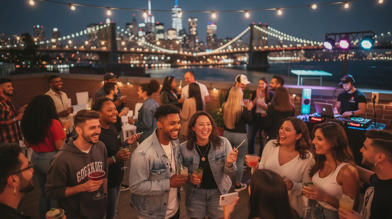 A lively singles event in Brooklyn showcases a diverse group of Gen Z attendees enjoying conversations and laughter, as they navigate the fast-paced NYC dating scene. Friends mingle and connect, embracing the vibrant dating culture of the big city while seeking meaningful connections and potential partners.