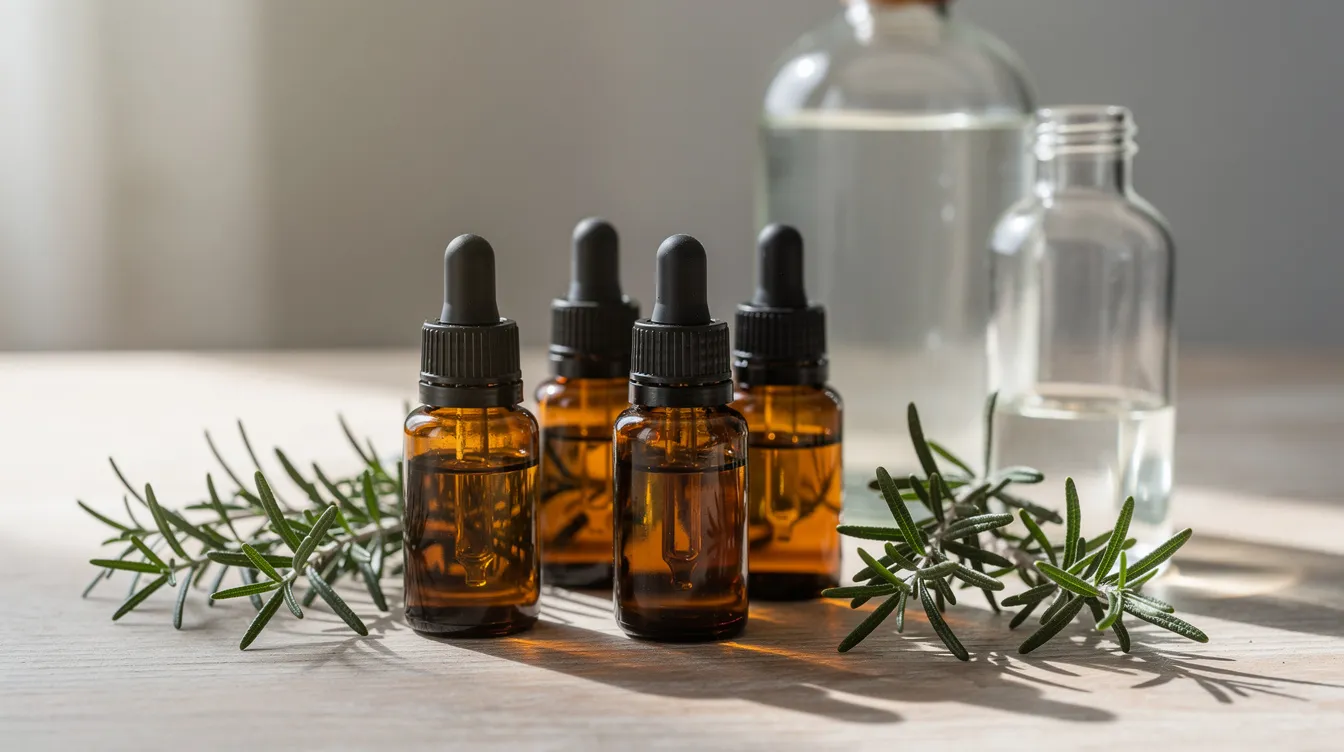 The image features several small amber essential oil bottles, including rosemary oil and castor oil, artfully arranged alongside fresh rosemary sprigs and various carrier oil bottles, all set on a light wooden surface. This composition highlights natural ingredients that promote hair growth and enhance scalp health, making it ideal for hair care enthusiasts.