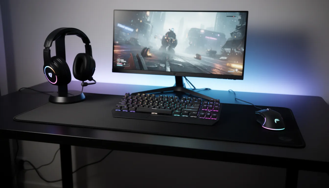 The image features a modern gaming desk setup, showcasing a sleek mechanical keyboard, a responsive gaming mouse, an extended mousepad, and a comfortable headset, all designed to enhance the gaming experience. This setup is ideal for those looking to sell online gaming accessories in a competitive market, catering to the growing demand for high-quality gaming products.
