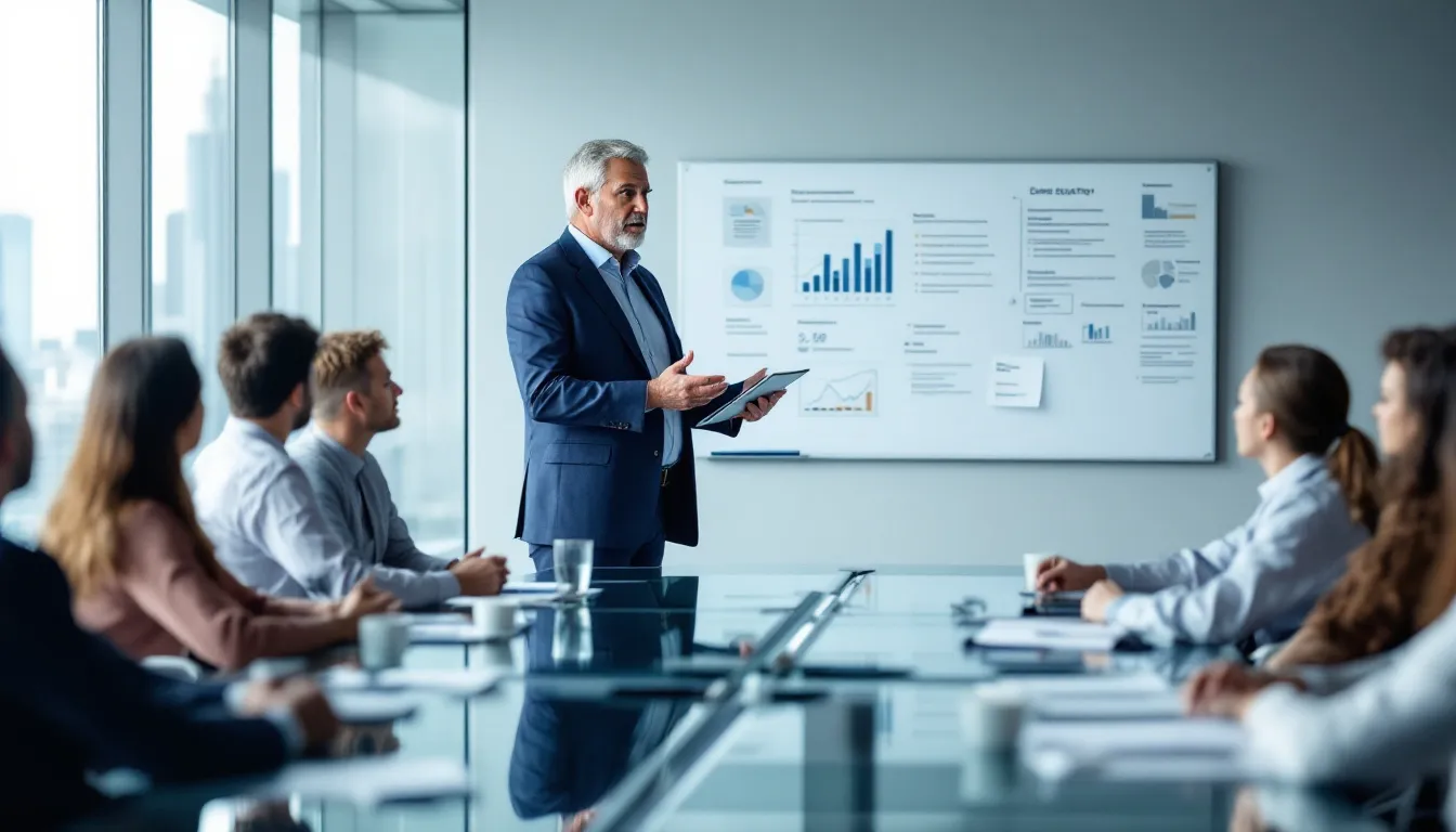 In a modern boardroom, a senior executive is presenting a comprehensive business strategy to a diverse group of stakeholders, emphasizing the importance of strategic thinking and financial literacy for organizational success. The atmosphere is focused on achieving business success through informed decisions and innovative products, while fostering collaboration among team members and leaders.