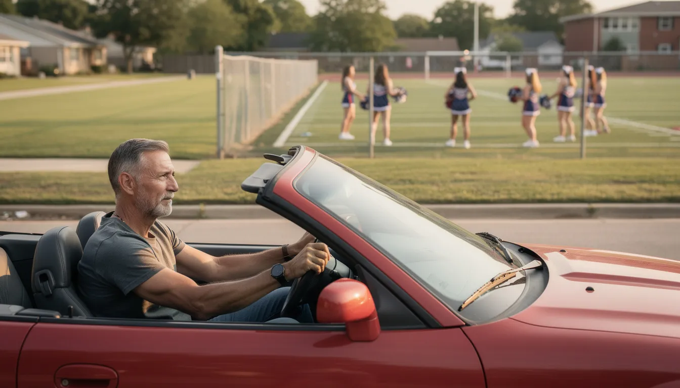 Dirty old man circling the block to watch the young cheerleaders