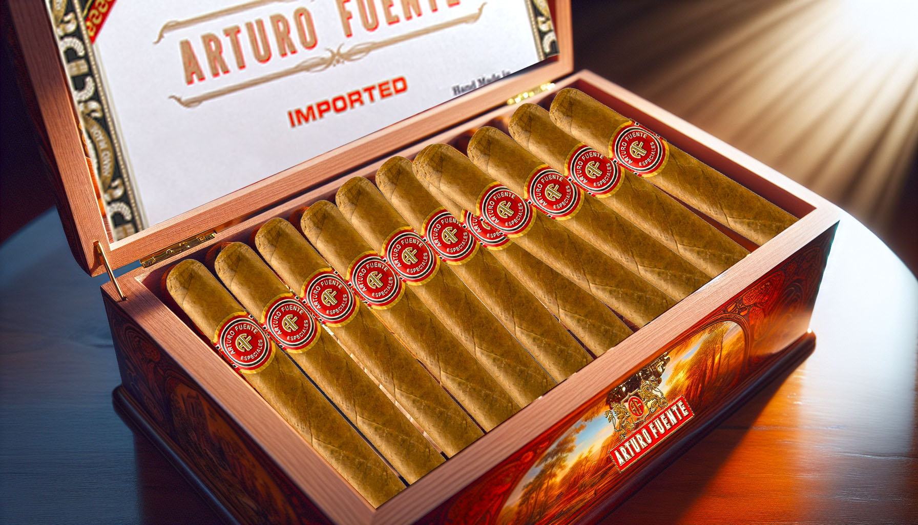 An illustration showing a variety of Arturo Fuente Especiales cigars in a humidor.