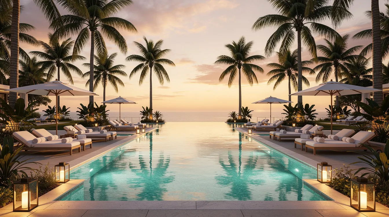 The image depicts a serene luxury resort swimming pool, elegantly surrounded by lush palm trees and comfortable sun loungers, all bathed in the warm hues of a sunset. This picturesque scene captures the essence of a five-star hotel experience, highlighting the tranquil atmosphere and recreational facilities that define modern luxury hotels.