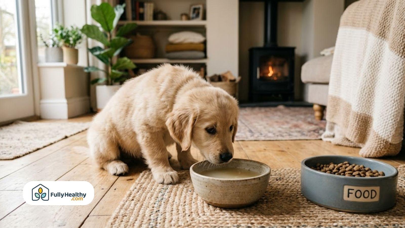 Puppy drinking broth from a bowl next to its food in a cozy living space.