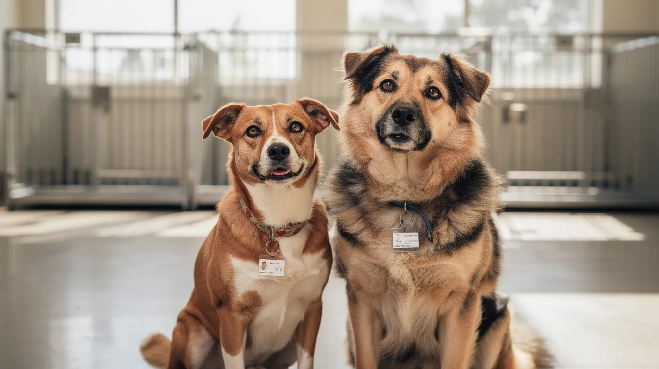 Two rescue dogs are sitting together in a clean shelter environment, looking alert and hopeful as they await adoption at the lost dogs home in North Melbourne. Their expressions convey a sense of longing for a loving home, highlighting the importance of responsible pet ownership and animal welfare.