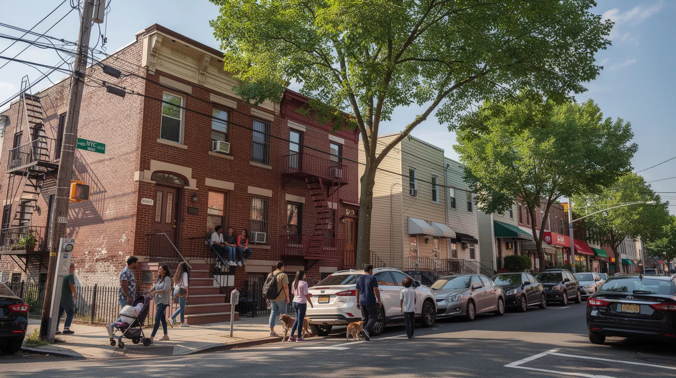 The image shows a vibrant street in a diverse neighborhood of Queens, NY, lined with residential buildings and lush trees, reflecting the community's rich cultural tapestry. This picturesque setting could be a backdrop for discussions about tummy tuck options and the importance of a healthy lifestyle for achieving a toned abdomen.