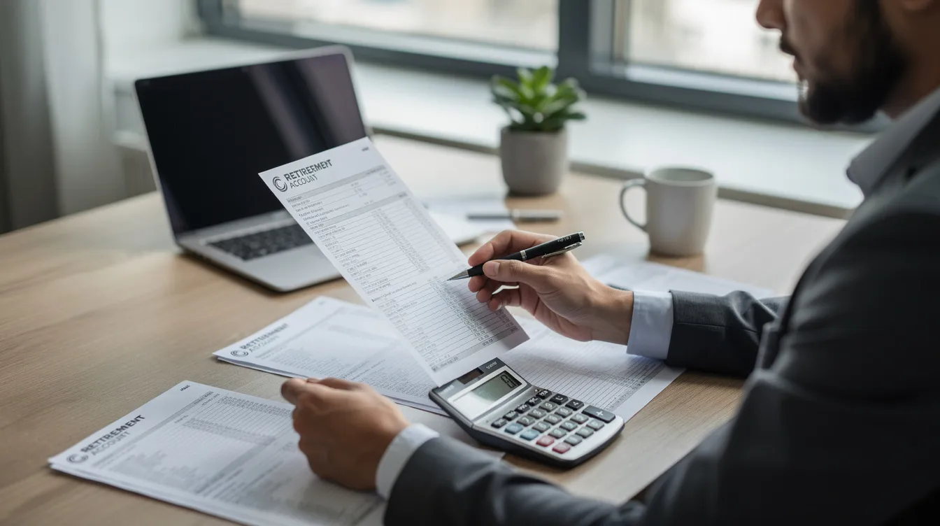 A professional sits at a desk, reviewing retirement account statements with a calculator in hand, focusing on strategies to reduce taxable income and lower their tax bill. The environment suggests a careful consideration of tax deductions and tax credits to optimize retirement savings.