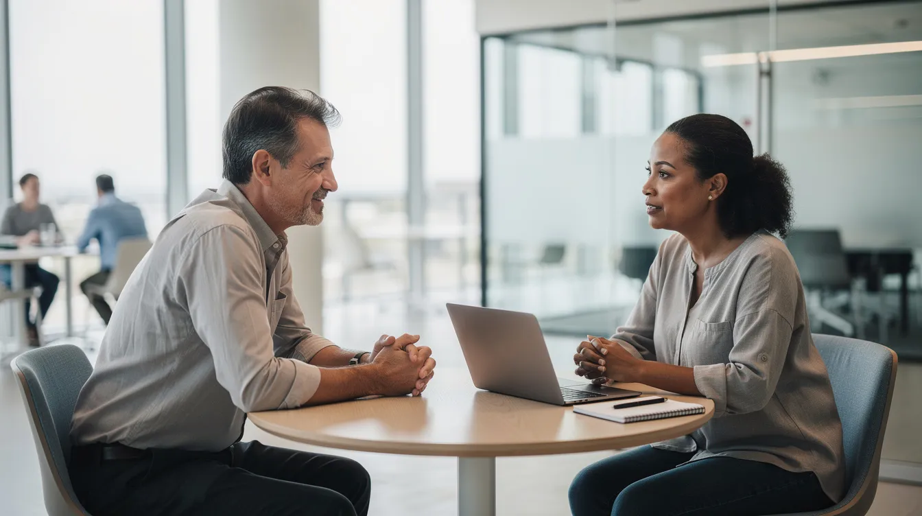 Dans une ambiance calme d'un bureau moderne, un manager discute en tête-à-tête avec un membre de son équipe, illustrant l'importance de la communication dans le développement personnel et le leadership. Cette interaction met en avant la méthode DISC, un outil essentiel pour améliorer la collaboration et la compréhension des comportements au sein d'une entreprise.