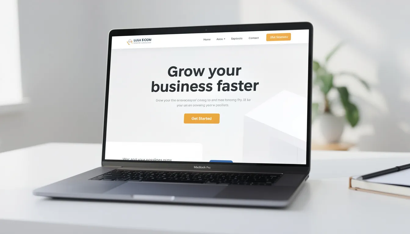 A professional laptop showcases a modern business website homepage featuring a strong headline and an eye-catching call-to-action button, designed to transform the site into a lead generating machine. This layout emphasizes lead generation efforts with clear messaging aimed at converting visitors into potential leads.