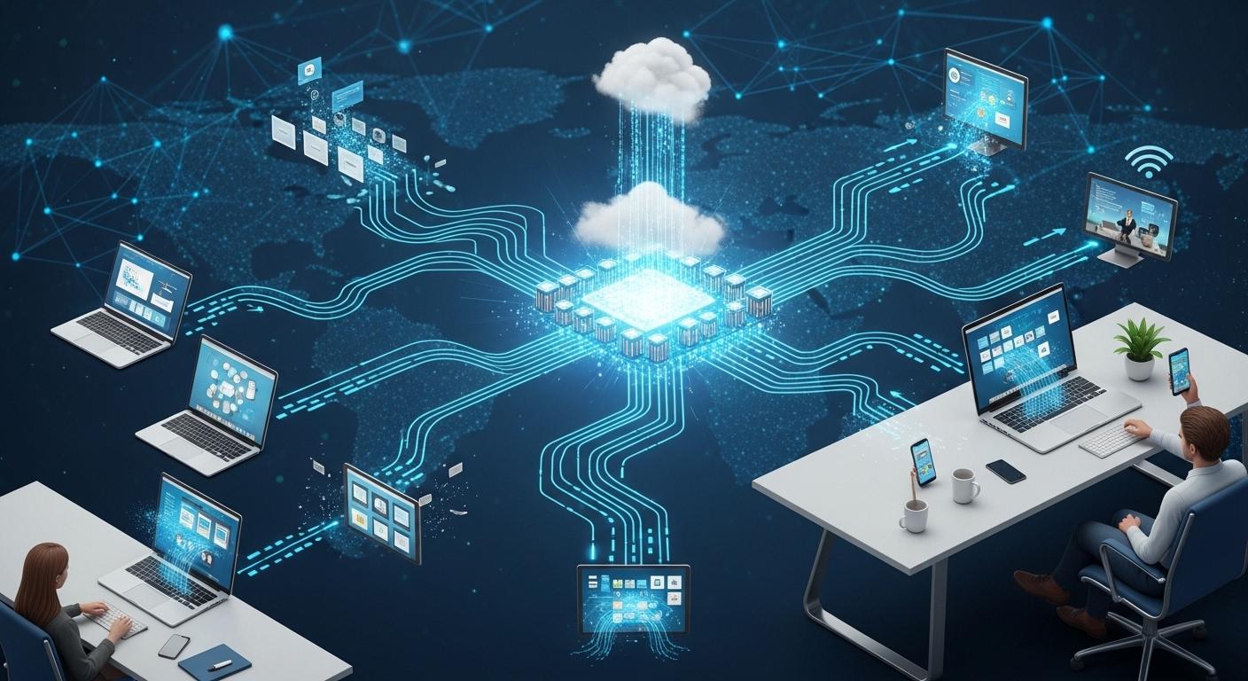Enterprise virtual desktop ecosystem showing centralized cloud resources streamed to laptops, tablets, and mobile devices through different delivery approaches.