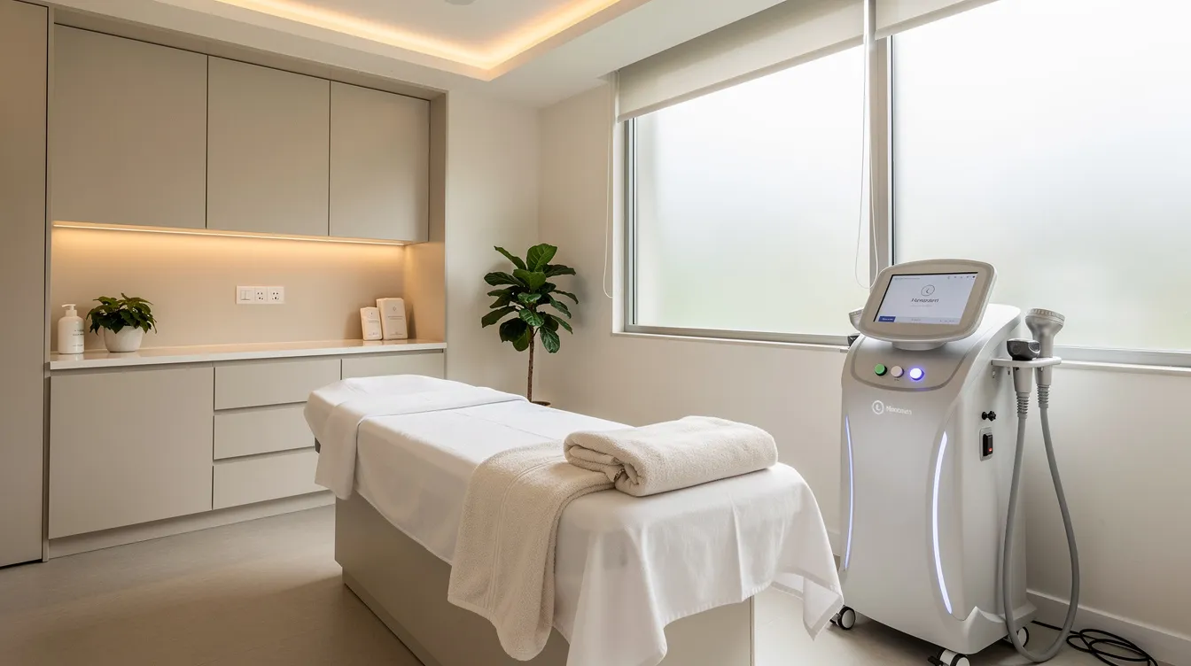 The image depicts a serene treatment room designed for body contouring procedures, featuring calming colors and comfortable furnishings to create a relaxing atmosphere for patients. This space is equipped for various body sculpting treatments, including nonsurgical fat reduction options aimed at reshaping areas such as the abdomen, thighs, and arms.