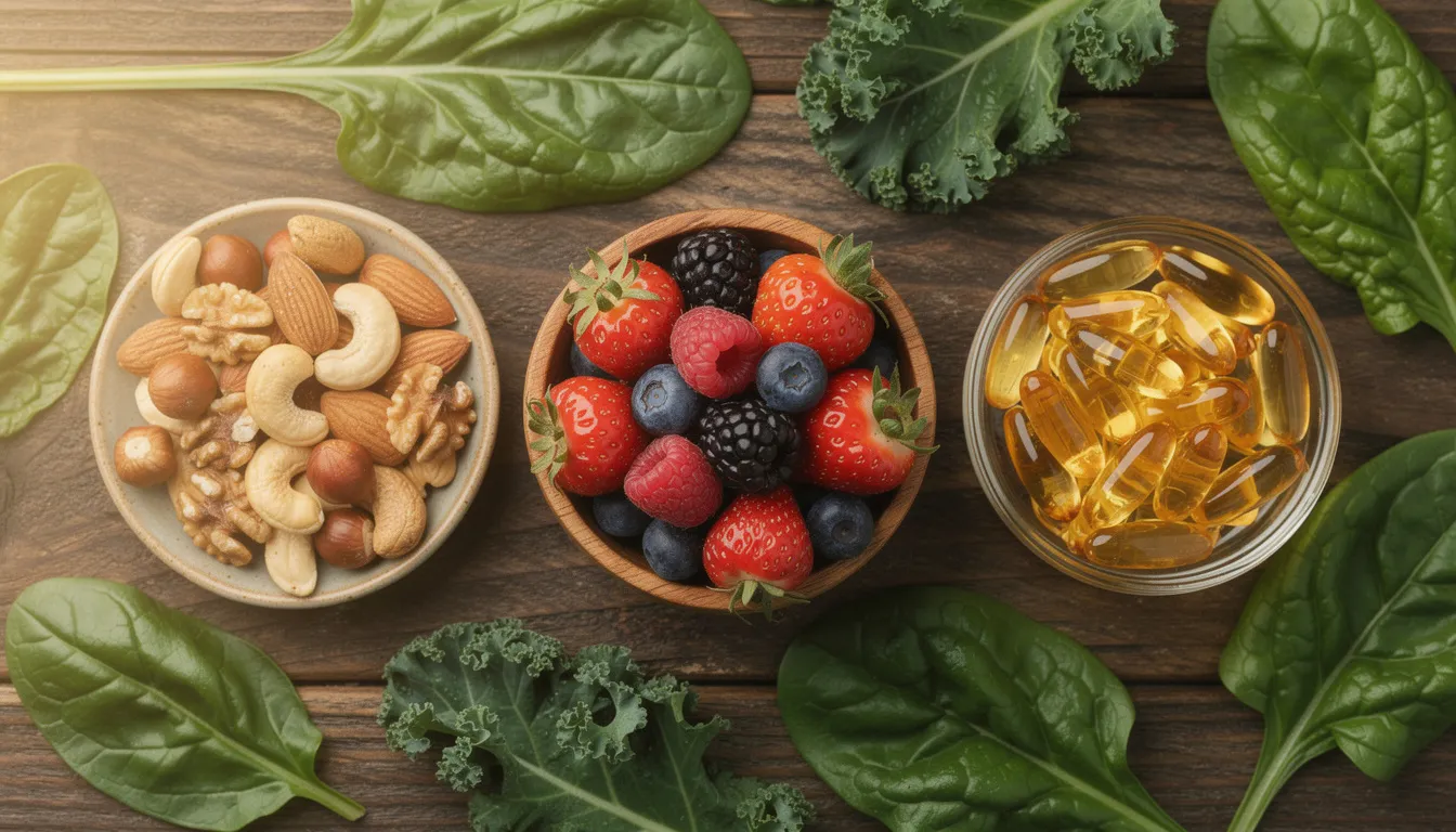 An assortment of natural supplements and foods, including vibrant berries, assorted nuts, fish oil capsules, and fresh green leafy vegetables, is beautifully arranged on a wooden surface, highlighting their potential health benefits in supporting healthy aging and promoting longevity. This colorful display emphasizes the importance of a healthy diet for cardiovascular health, cognitive function, and overall well-being as we navigate the aging process.