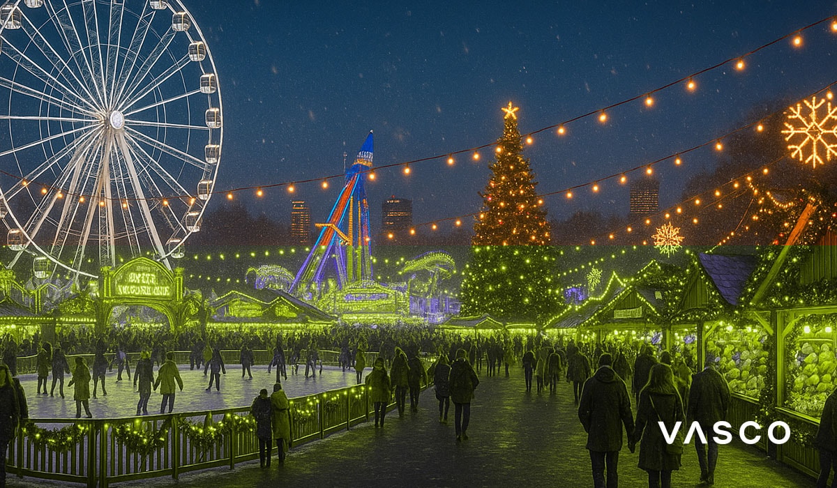 English Christmas market with an ice rink and festive attractions