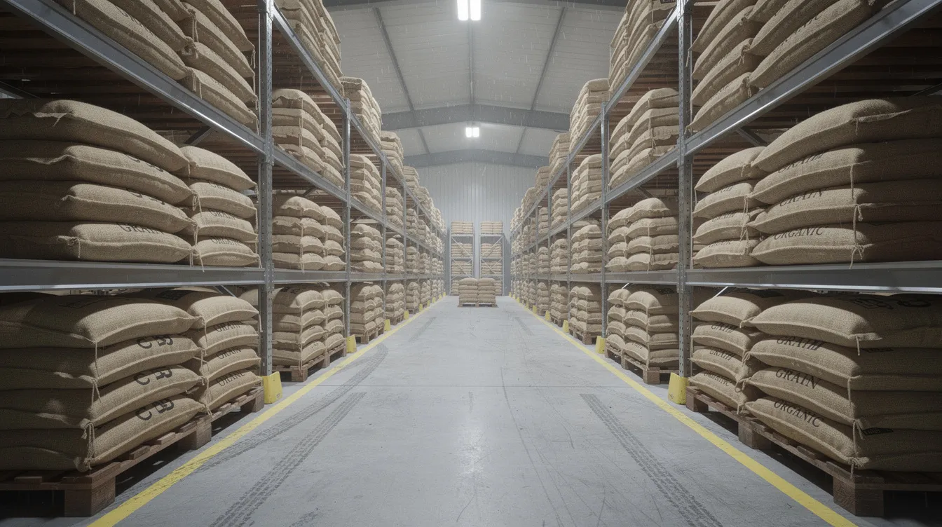 59b35612 fe97 408c b87e 58d14d93003f The image shows neatly stacked burlap sacks of grain in an organized warehouse, featuring industrial shelving that highlights the efficient storage of raw materials essential for a poha manufacturing unit. This setup reflects the meticulous planning necessary for managing inventory in a food processing environment.