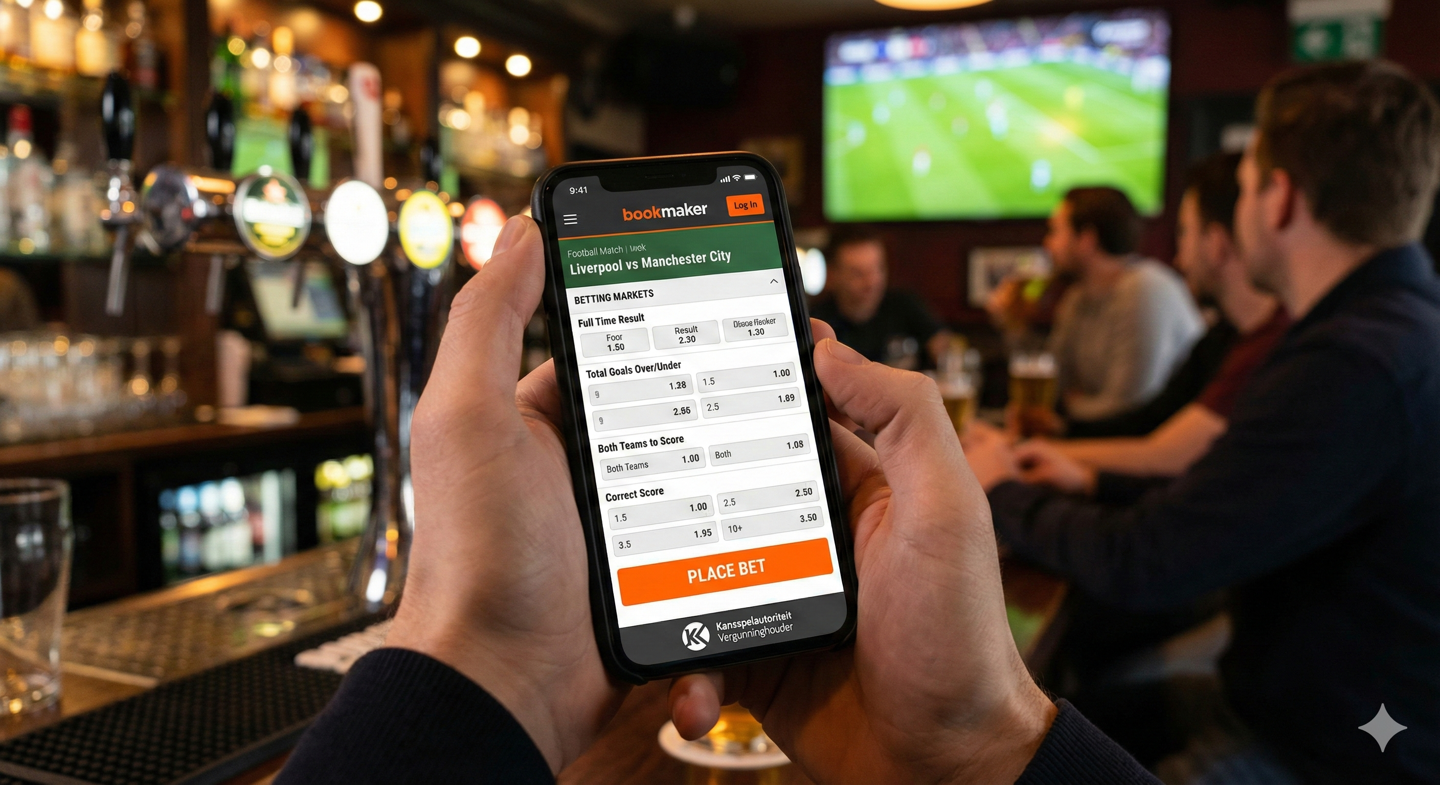 Persoon plaatst sportweddenschap via bookmaker-app in een bar tijdens voetbalwedstrijd.