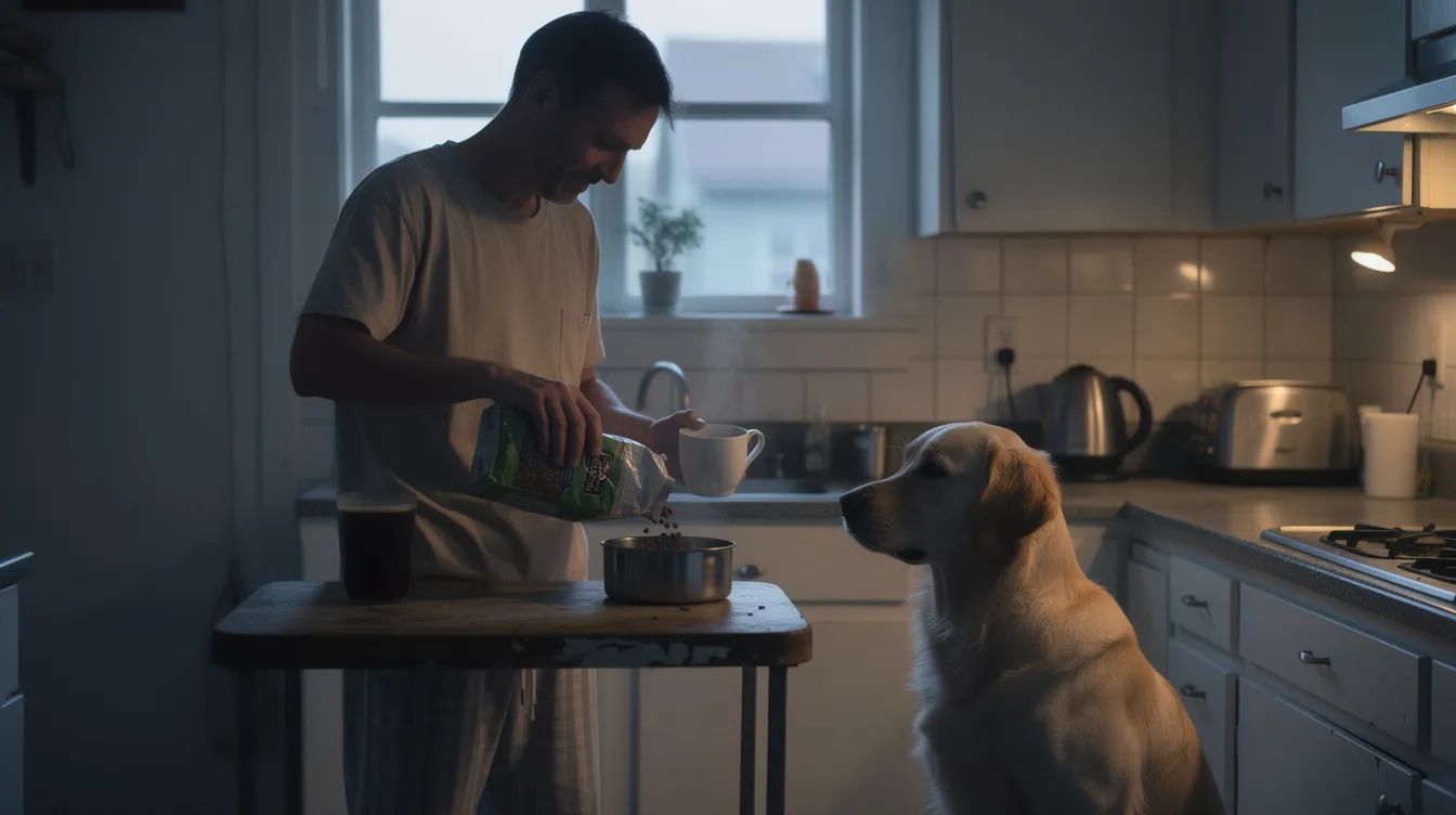 In a dimly lit kitchen, a man is pouring dog food into a bowl while a golden retriever sits patiently beside him, illuminated by the soft early morning light. This moment captures the bond between human beings and their family dogs, reflecting the affection and responsibility that pet dads embrace in their daily lives.