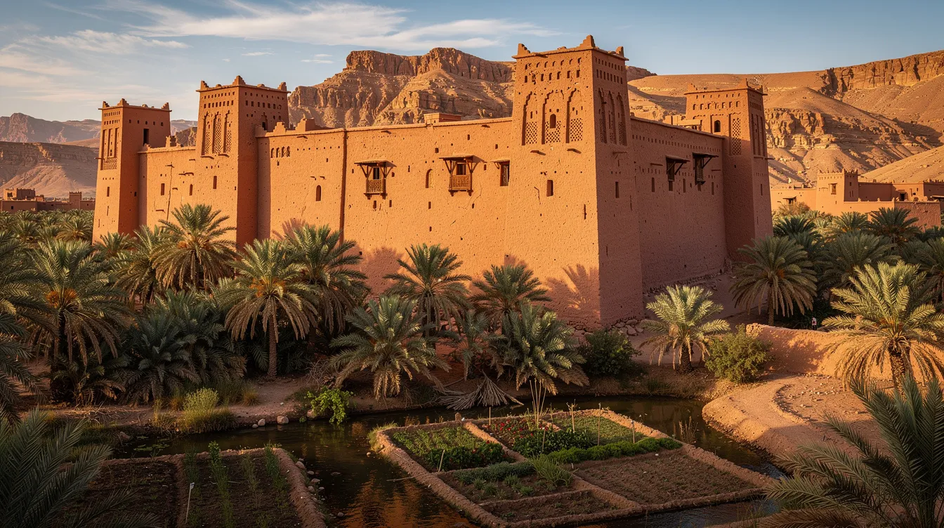 Een traditionele lemen kasba omringd door palmbossen in de Dades-vallei.