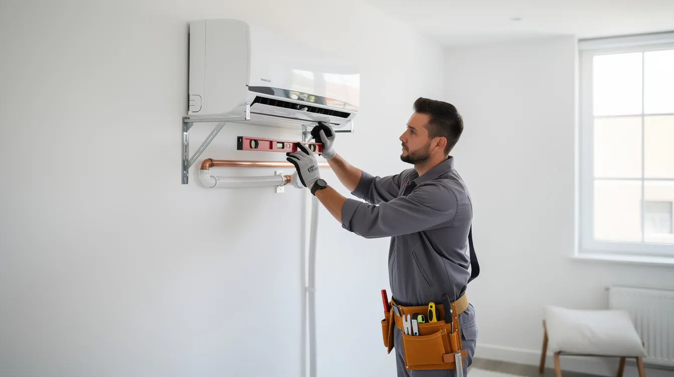 A professional air conditioning technician is mounting a split air conditioner indoor unit onto a wall, ensuring it is securely supported for optimal heating and cooling performance. The technician is focused on the installation process, which is essential for providing relief from allergens and maintaining a comfortable environment in the room.