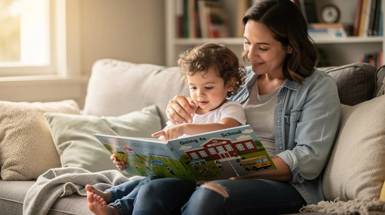 A parent and their young child are sitting together on a cozy couch, eagerly reading a colorful picture book about going to school, which helps to ease the child's separation anxiety as they prepare for their first day of preschool.