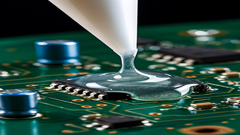 Transparent thermally conductive potting compound dripped onto the CPU motherboard