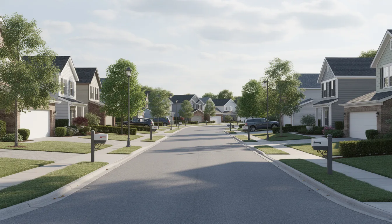 The image depicts a row of suburban residential homes viewed from the street, showcasing various architectural styles and well-maintained lawns. This neighborhood could be a potential area for real estate professionals to find probate properties, as it reflects a typical community where probate sales may occur.