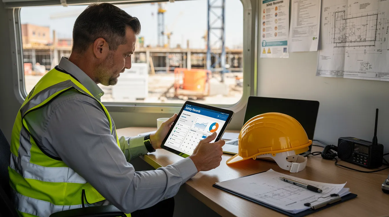 A corporate safety manager is seated at a desk in a construction site office trailer, intently reviewing digital safety records on a tablet. This process is critical for managing workplace safety, ensuring proper records are maintained to identify risks and enhance employee protection against workplace injuries.