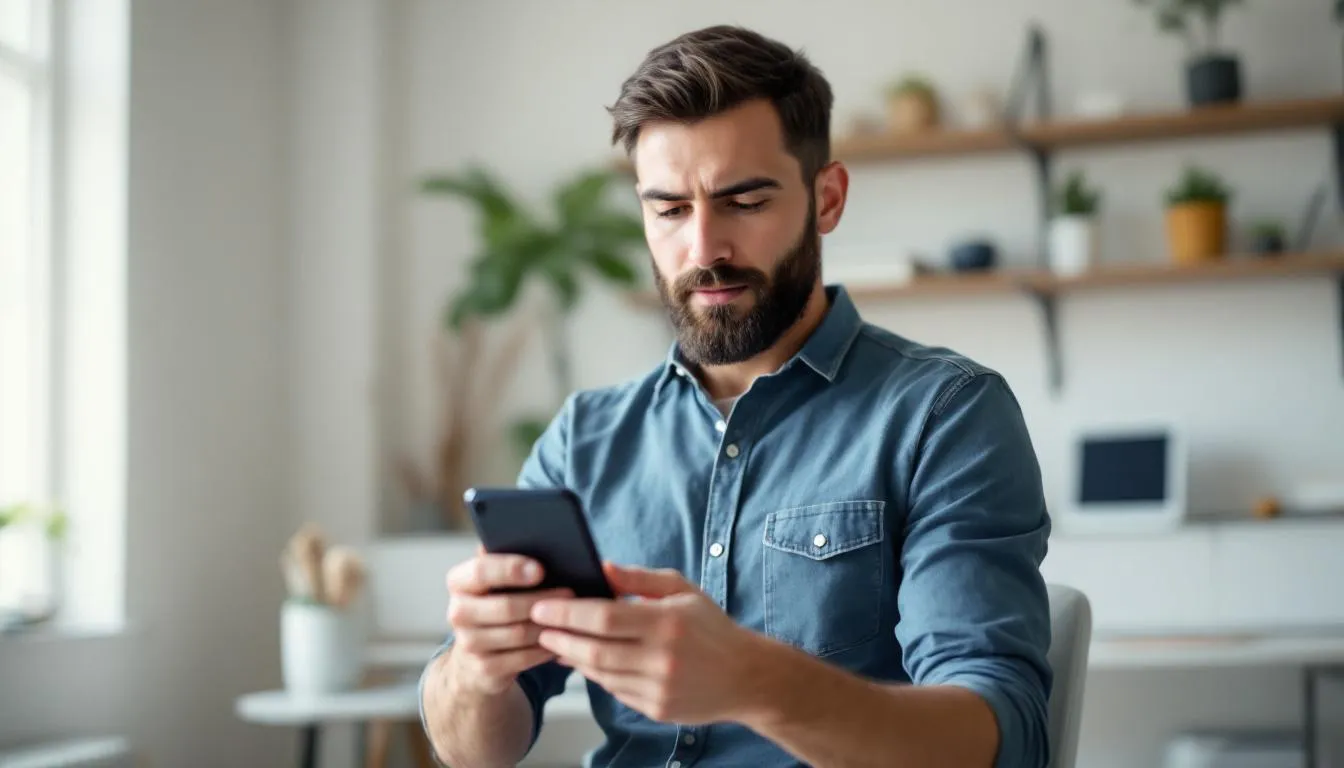 Un adulto está revisando diferentes aplicaciones en su dispositivo móvil para aprender idiomas, explorando las funcionalidades y el contenido que cada plataforma ofrece. La escena refleja el interés por el aprendizaje a través de juegos y herramientas interactivas.