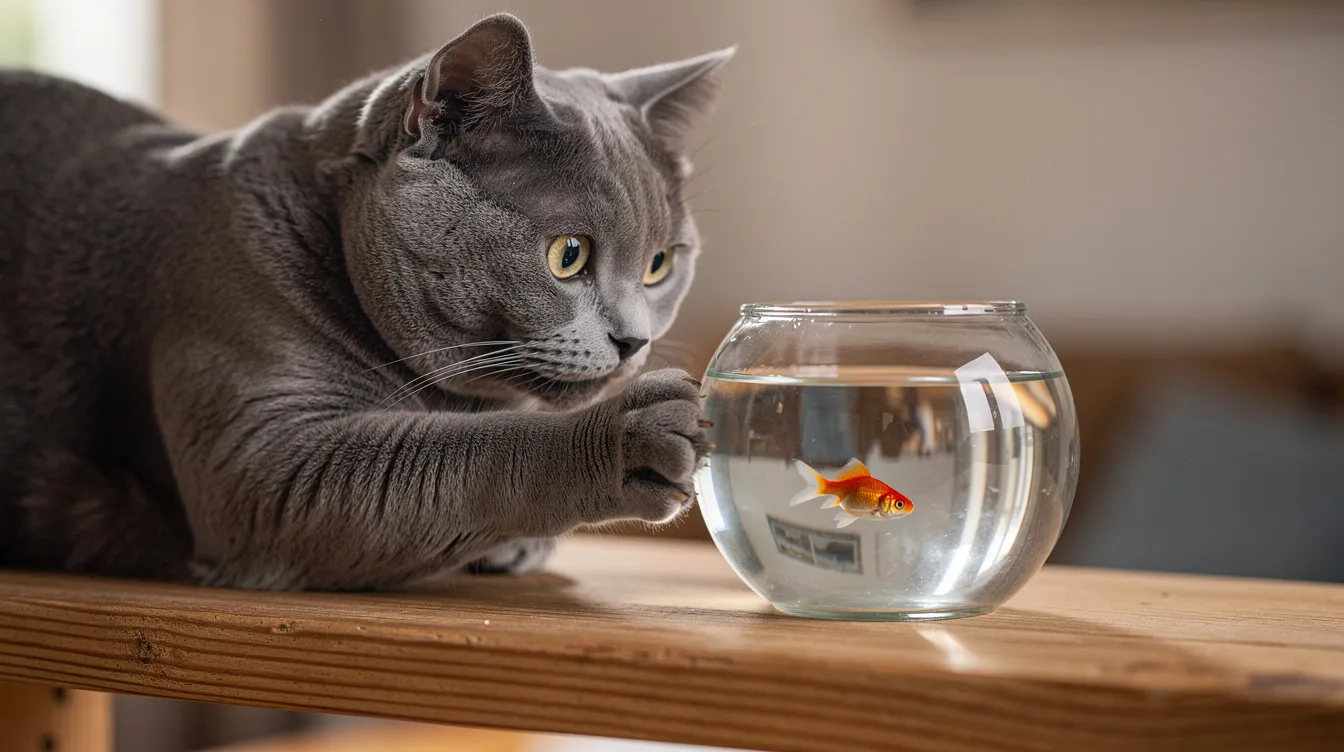 A curious cat is extending its paws toward a small round fish bowl on a wooden shelf, showcasing its playful personality and intrigue. This scene captures the essence of indoor cats exploring their environment, as they are drawn to the enticing water toys inside the bowl.