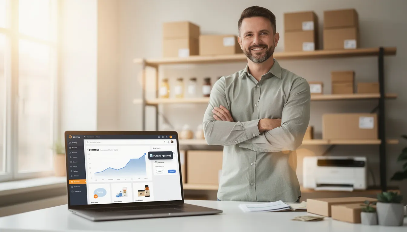 An ecommerce business owner stands confidently in their office, exuding a sense of success after receiving fast business funding. The image captures the insights of their journey, highlighting the importance of making smart decisions and reliable partnerships and efficient communication in overcoming challenges and fostering growth in their company without having to wait for funding.