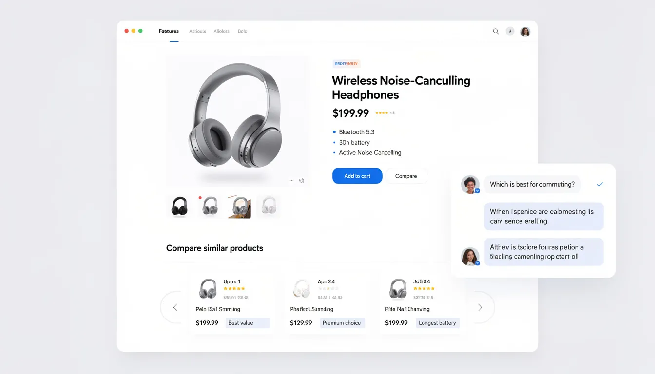 The image depicts an AI shopping assistant interface displaying detailed product comparisons on a product detail page, designed to enhance the online shopping experience. It highlights personalized recommendations and key benefits of using virtual shopping assistants to improve customer engagement and satisfaction.