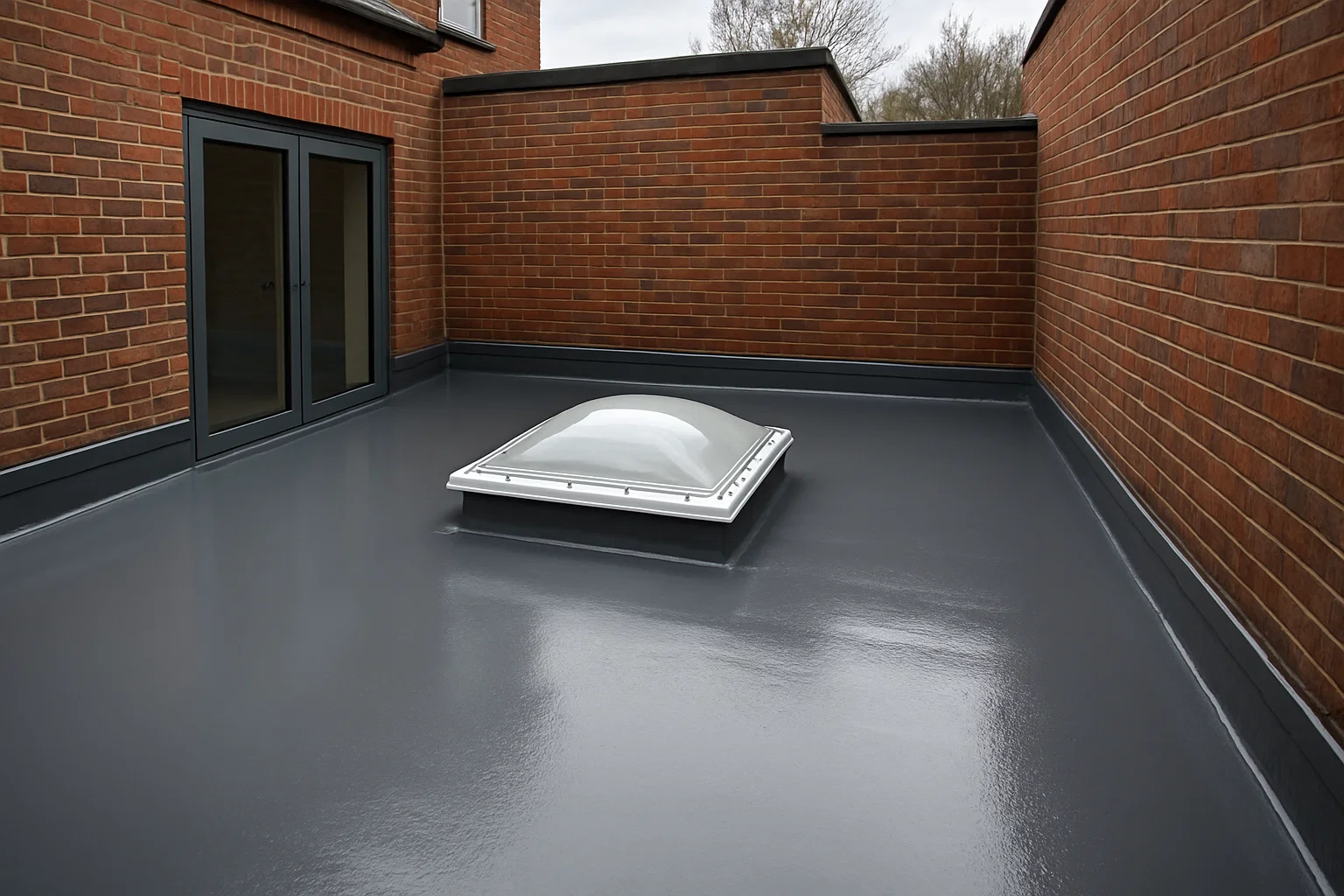 Modern flat roof on a UK home with new grey waterproof coating after professional repair.
