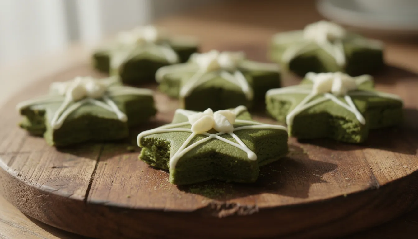 Auf einem rustikalen Holzbrett liegen sternförmige grüne Matcha-Plätzchen, die mit einer zarten weißen Schokoladenverzierung veredelt sind. Die Kombination aus dem leuchtenden Grün des Matcha-Pulvers und der süßen weißen Schokolade schafft ein ansprechendes und appetitliches Bild dieser köstlichen Kekse.
