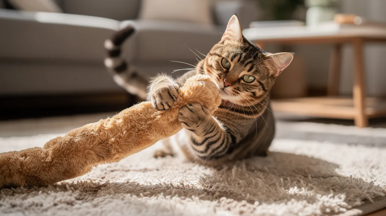 A close-up image of a playful tabby cat gripping a long, soft plush kicker toy with its front paws while vigorously bunny kicking it with its back legs on a cozy living room rug. The cat's interaction with the durable kicker toy showcases its love for interactive play, providing both mental stimulation and fun for pet owners.