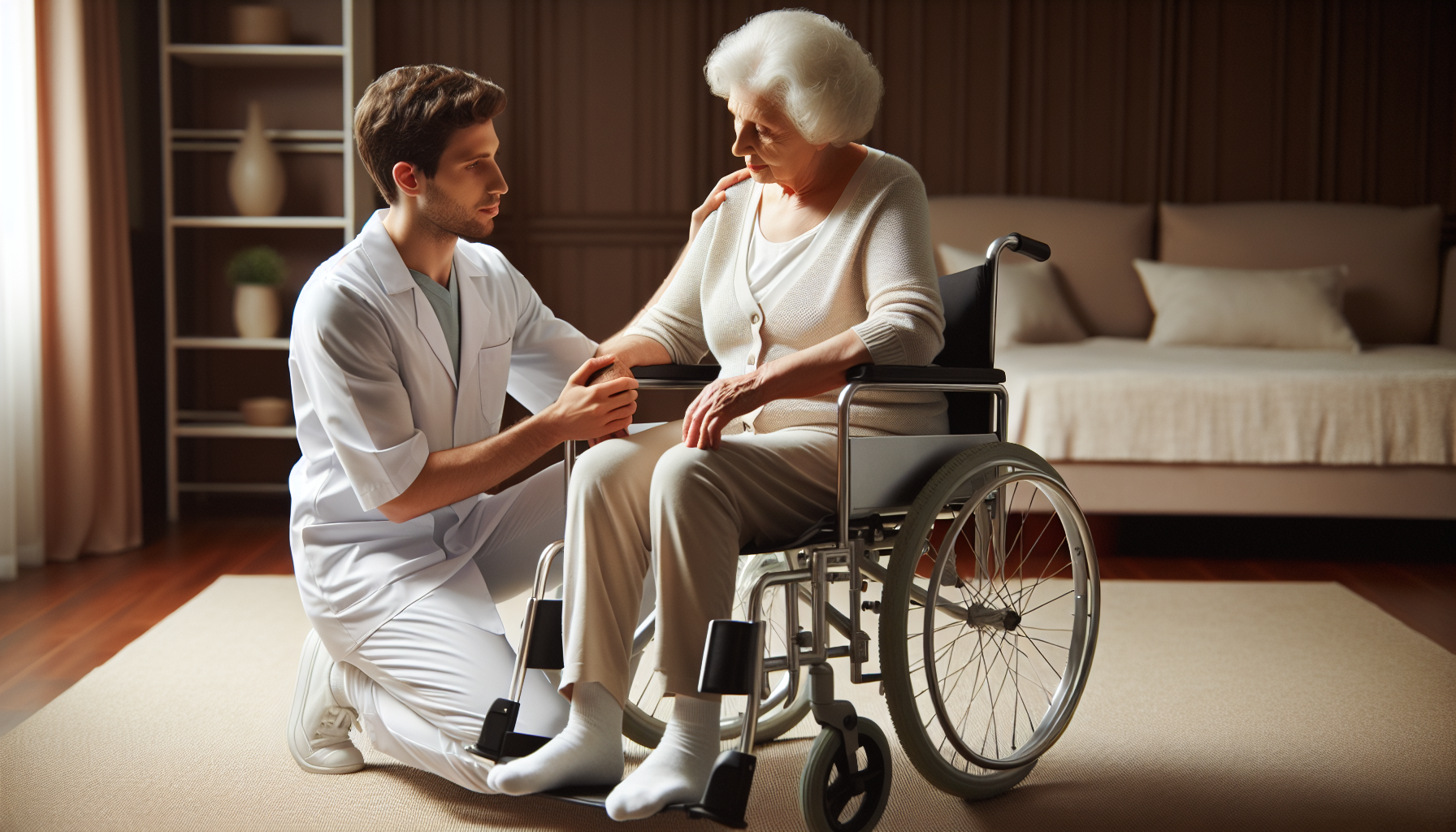 A patient care technician assisting a senior patient with daily tasks
