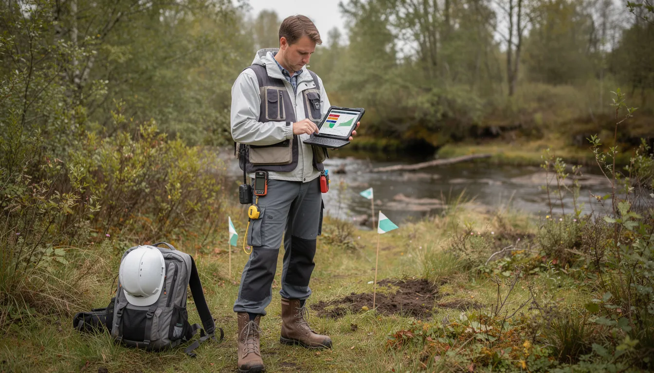 An environmental professional is seen conducting a field assessment in a natural setting, utilizing a tablet device to gather and analyze environmental data. This scene highlights the critical role of environmental consulting in addressing sustainability challenges and leveraging AI technology for enhanced decision-making.