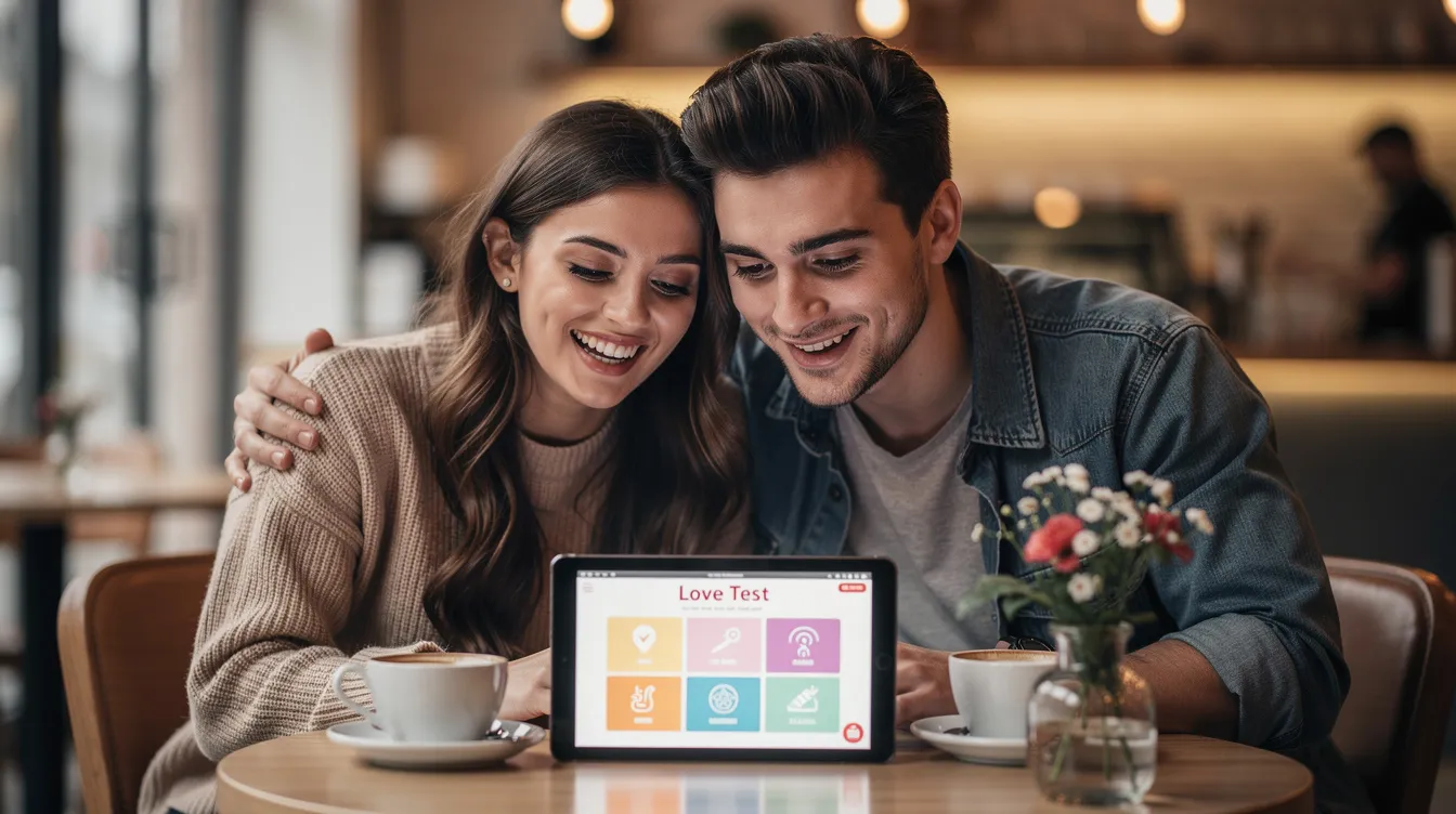 A couple is sitting together, engaged in a fun conversation while taking a love test on their phone, exploring their compatibility score and discussing their zodiac signs. This lighthearted moment captures the essence of their early-stage relationship as they connect over shared interests and hope for a perfect match.