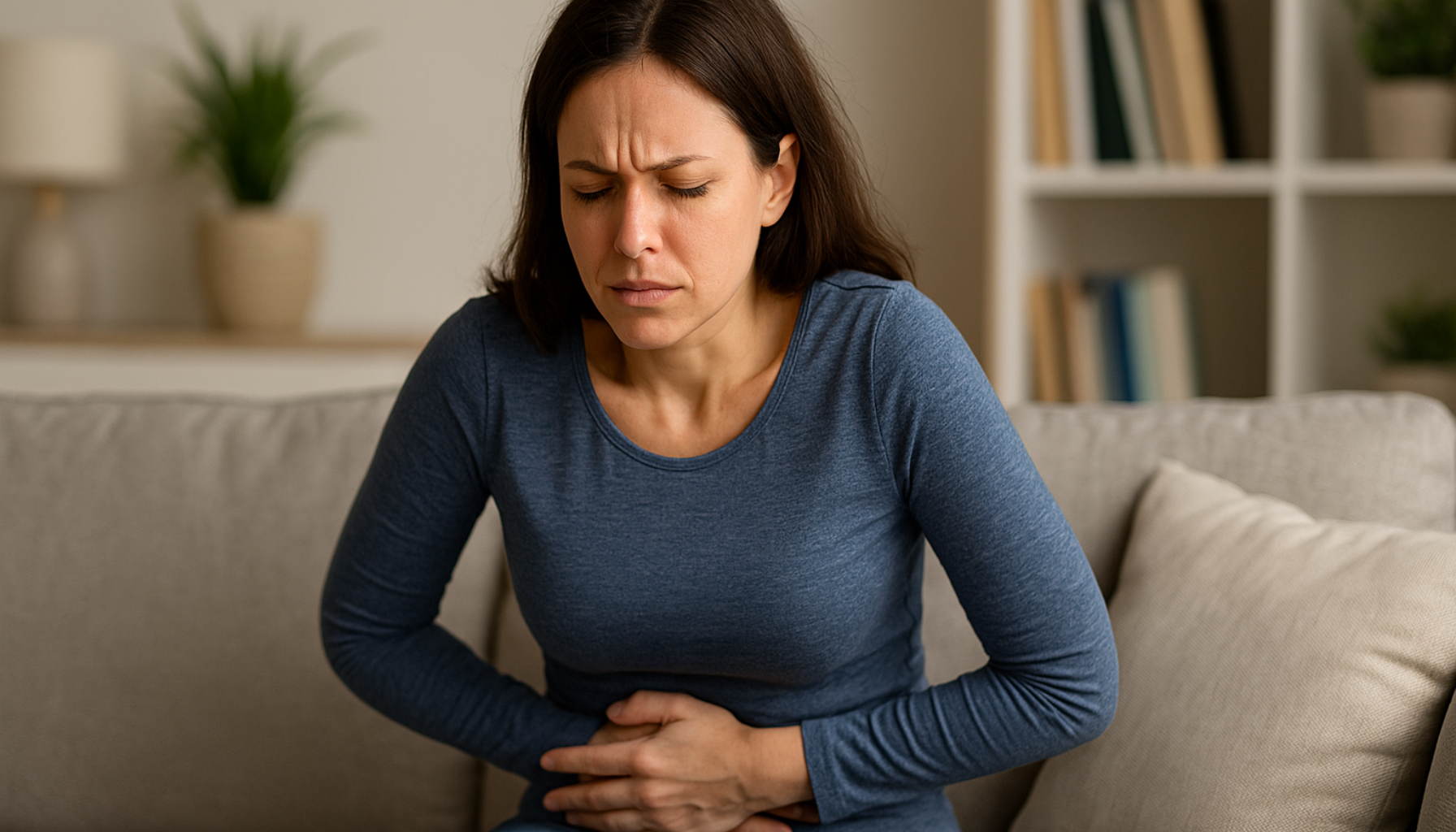 Kvinne som sitter i sofaen og holder seg på magen med tydelig ubehag, mulig mageproblem som kan skyldes Helicobacter pylori.