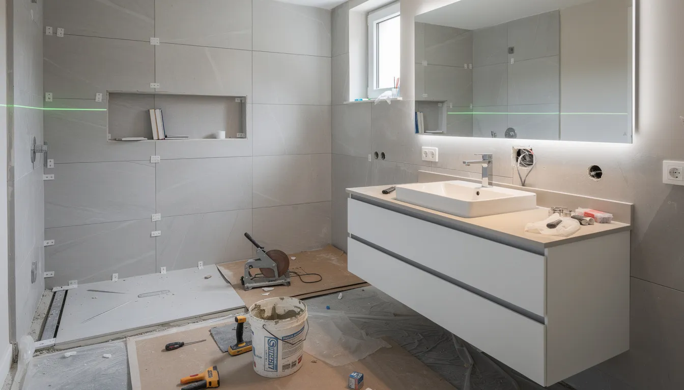 The image depicts a bathroom renovation project in progress, showcasing skilled tradespeople installing modern fixtures and premium tiles as part of the transformation. The scene highlights the careful attention to detail in the tiling work, emphasizing the efficient project management involved in creating a functional space that meets renovation goals.